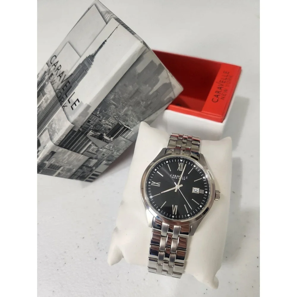 Caravelle Bulova Men's Watch 43B158 Silver Stainless Steel Black Dial NIB NWT